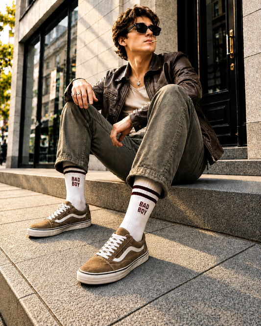 Chaussette homme - message 'BAD BOY' bordeaux sur fond écru