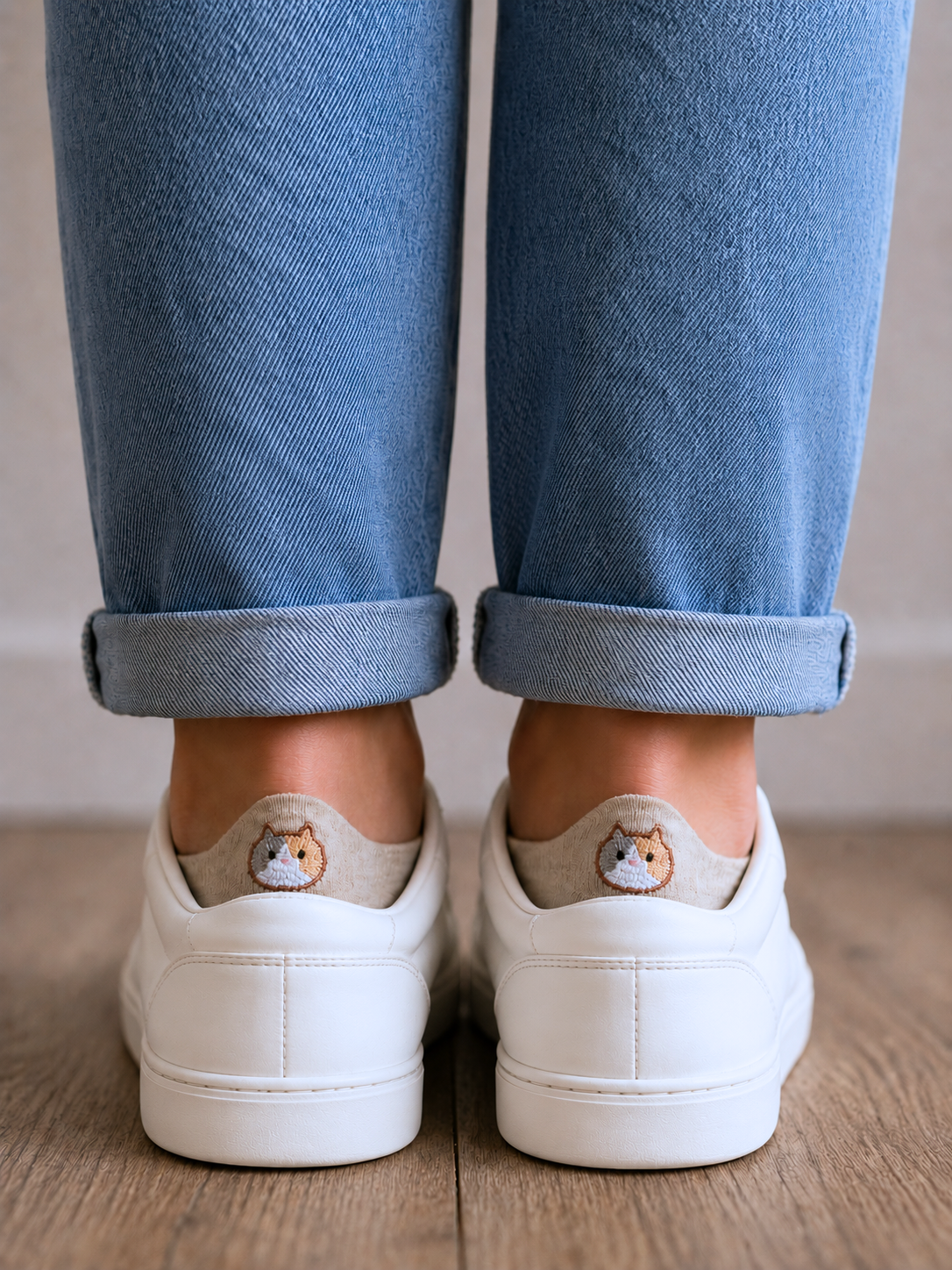 Socquettes femme - fond beige tête de chat
