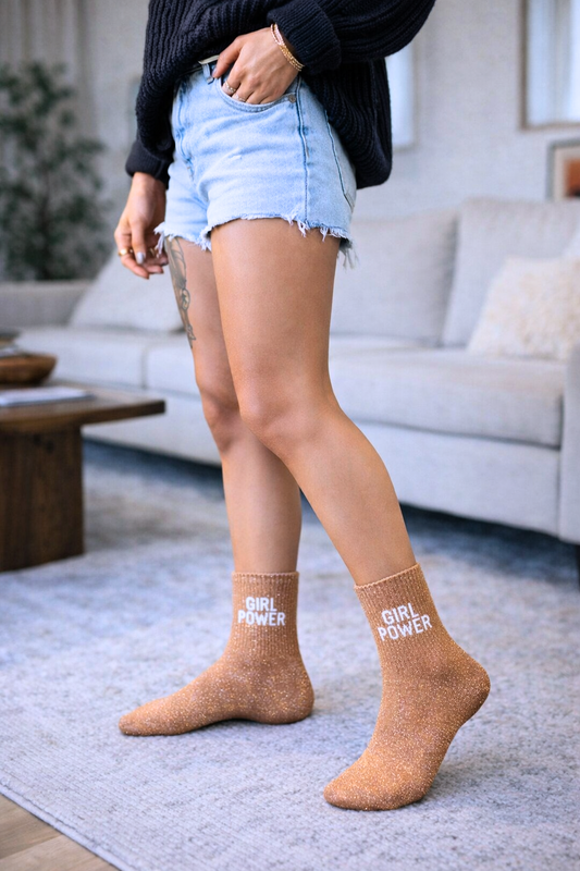 Chaussettes à paillettes avec message "Girl power" couleur rose gold