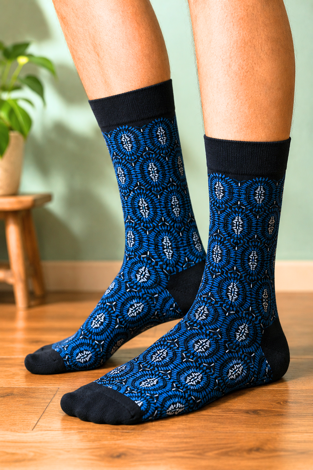 Chaussettes style ethnique motif tribal bleu et noir