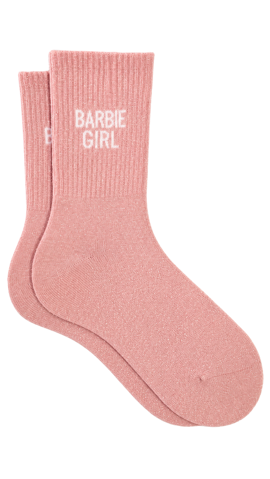 Chaussette à paillettes avec message "Barbie Girl" - rose