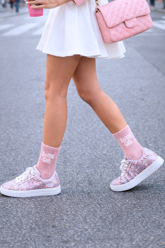 Chaussette à paillettes avec message "Barbie Girl" - rose