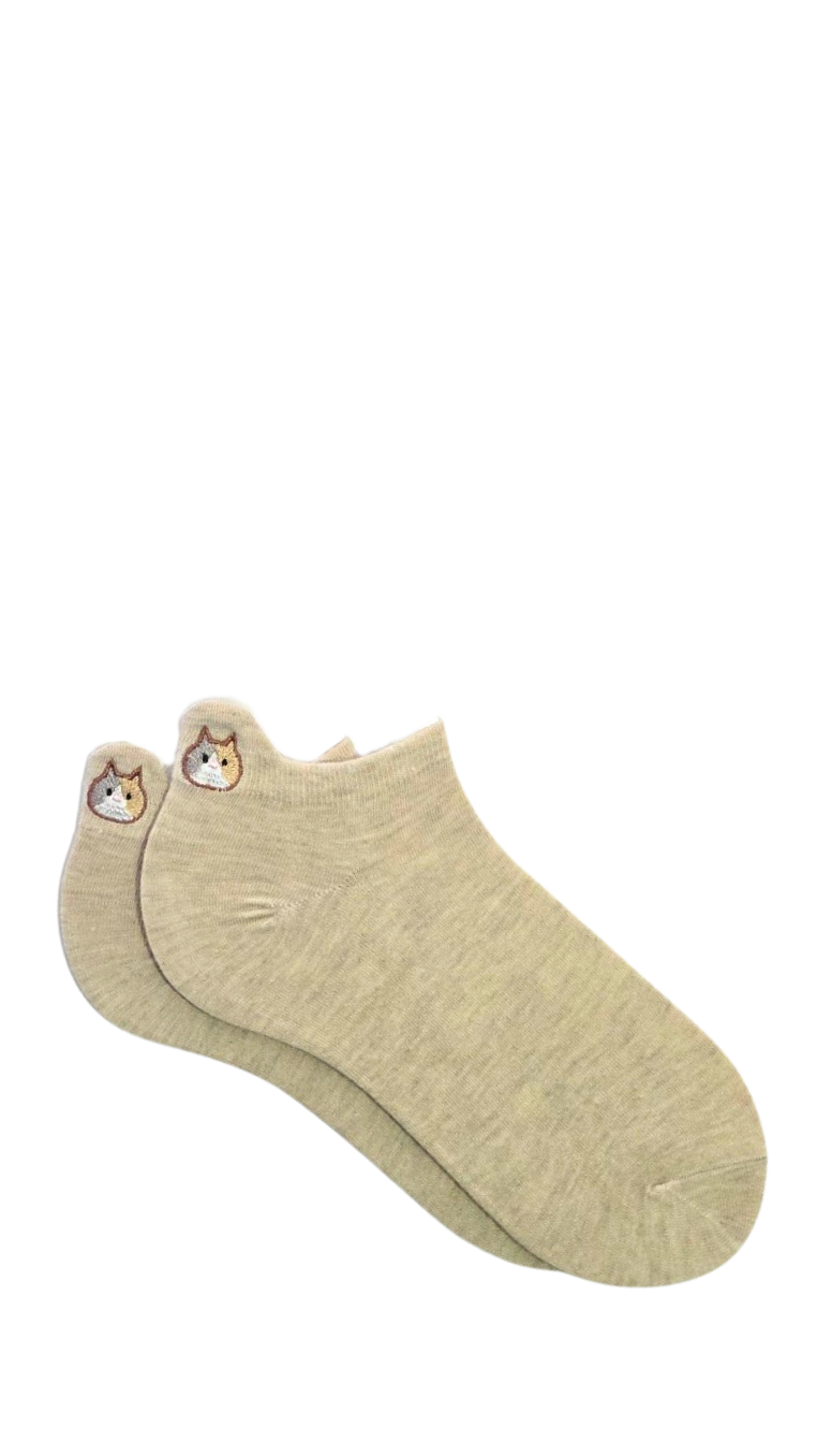 Socquettes femme - fond beige tête de chat