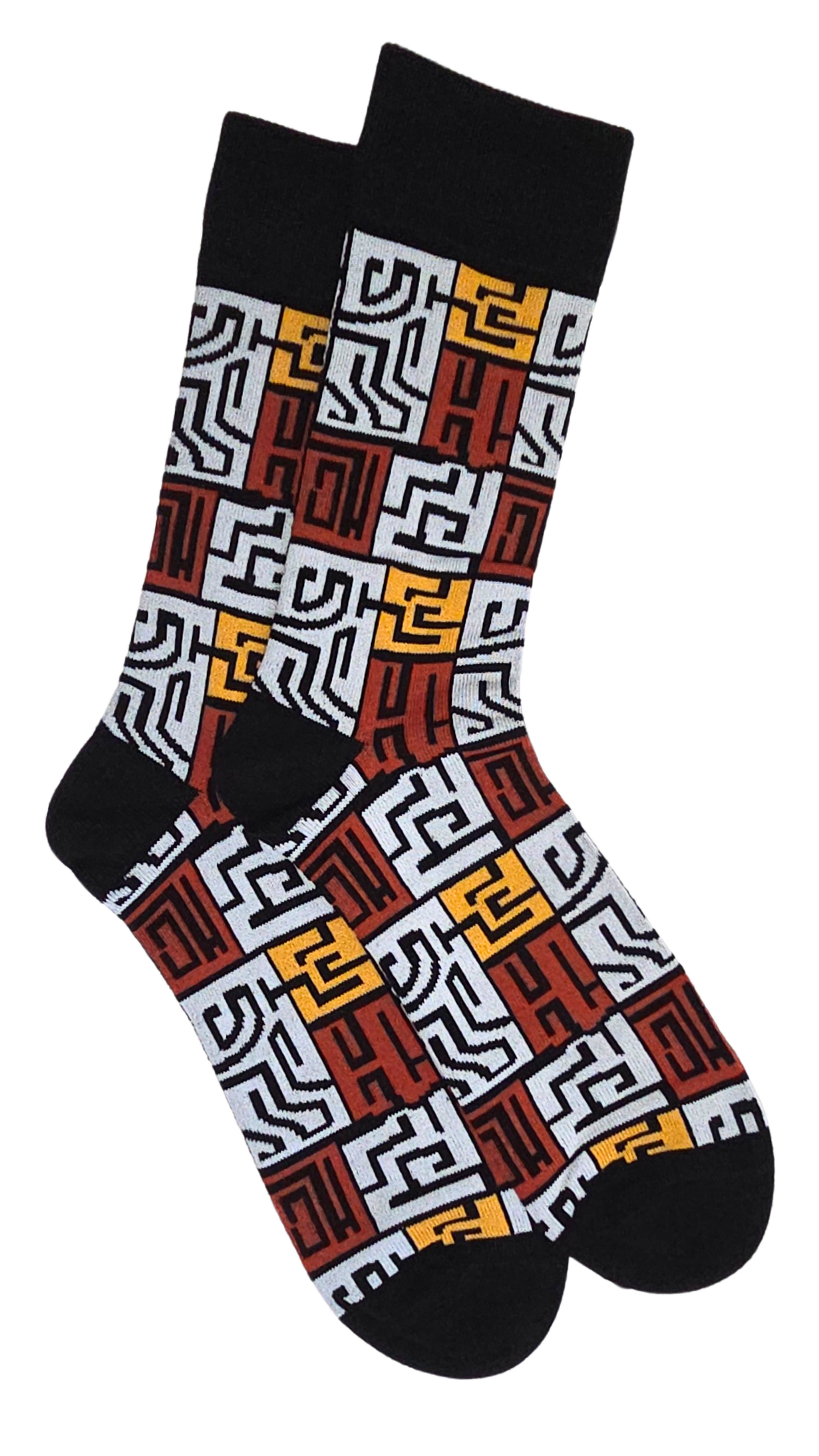 Chaussettes style ethnique motif tribal noir rouge jaune