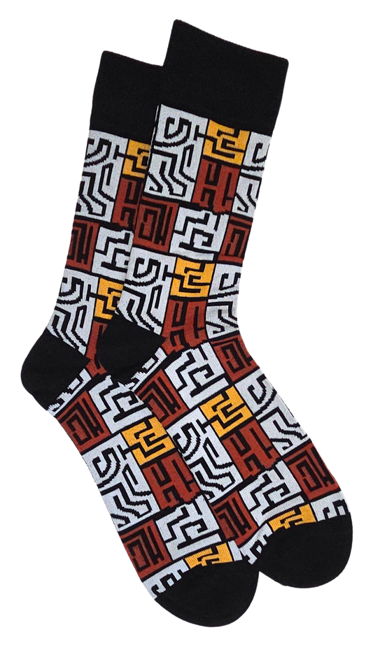 Chaussettes style ethnique motif tribal noir rouge jaune