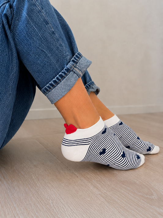 Socquettes à rayures bleu et cœur rouge sur languette
