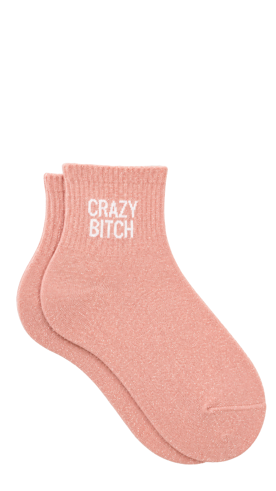 Chaussettes courtes à paillettes avec message "Crazy bitch" couleur pêche