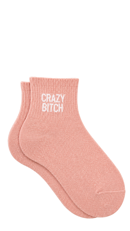 Chaussettes courtes à paillettes avec message "Crazy bitch" couleur pêche