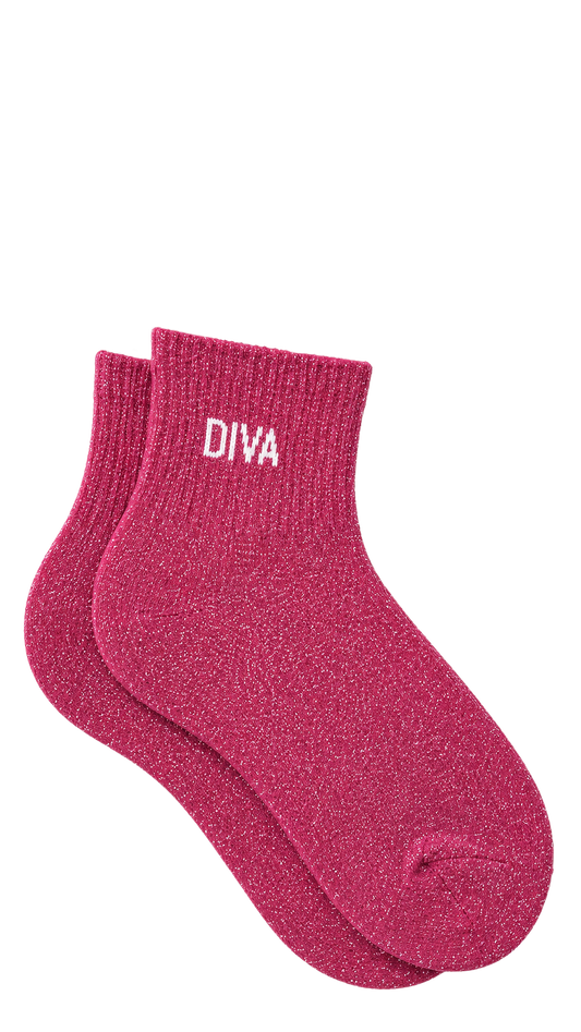 Chaussettes courtes à paillettes avec message "Diva" couleur fuschia