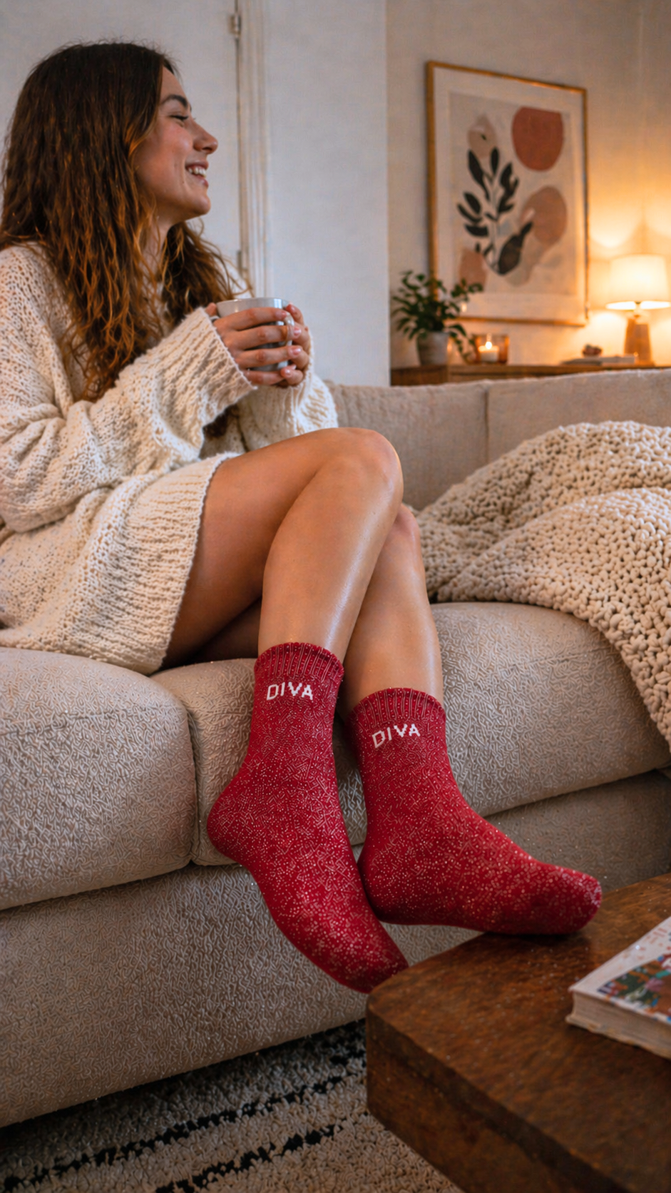 Chaussettes à paillettes avec message "diva" couleur rouge