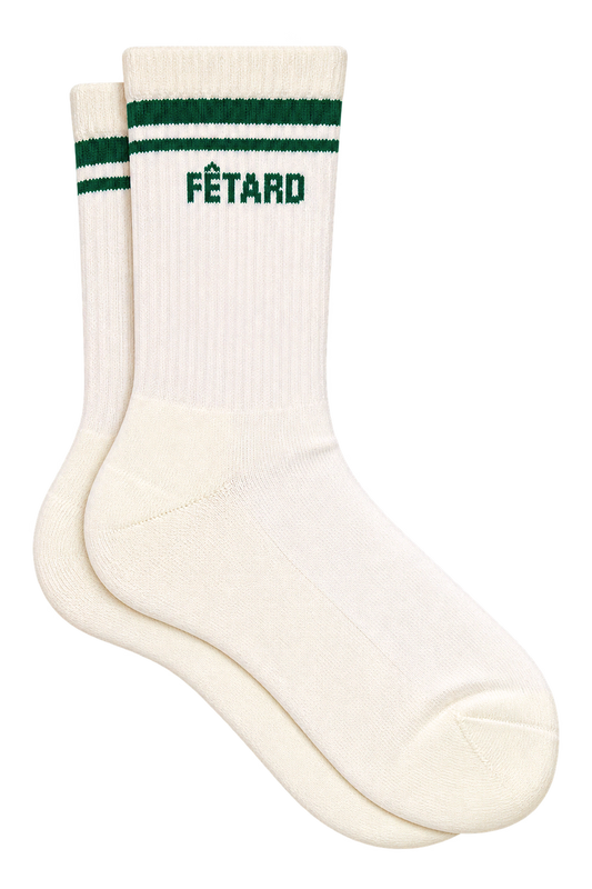 Chaussette homme - message 'FÊTARD' vert sur fond écru