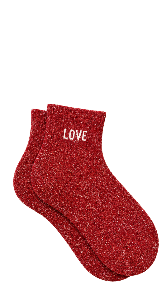 Chaussettes courtes à paillettes avec message "Love" couleur rouge