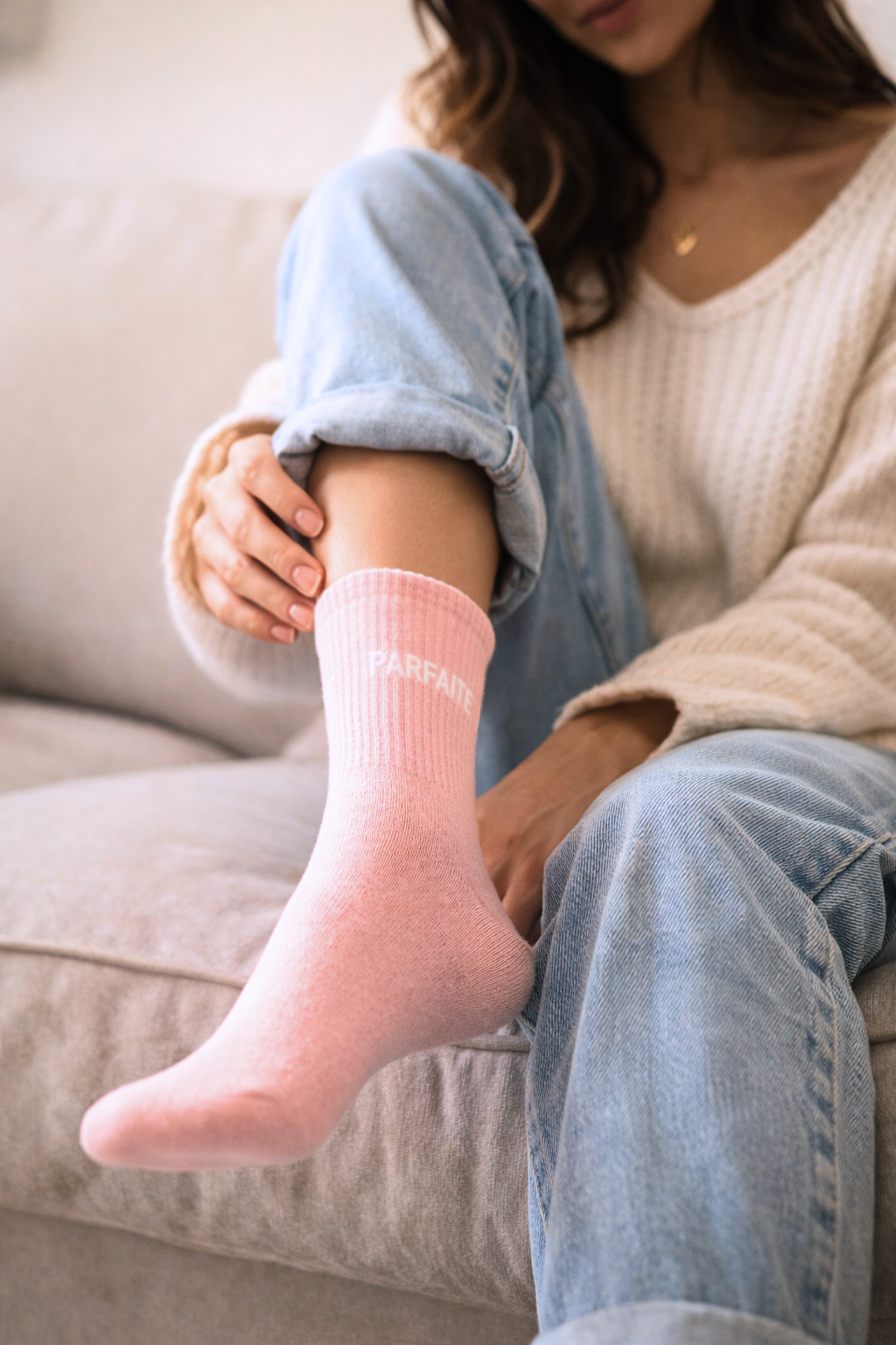 Chaussettes à paillettes avec message "Parfaite" couleur rose
