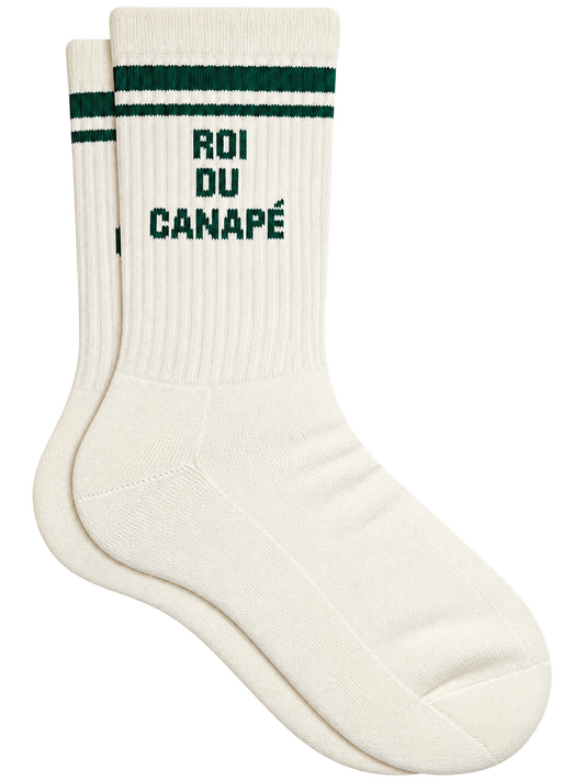 Chaussette homme - message 'ROI DU CANAPÉ' vert sur fond écru