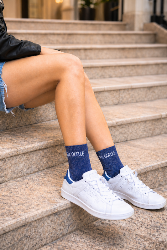 Chaussette à paillettes avec message "Ta Gueule" - bleu marine