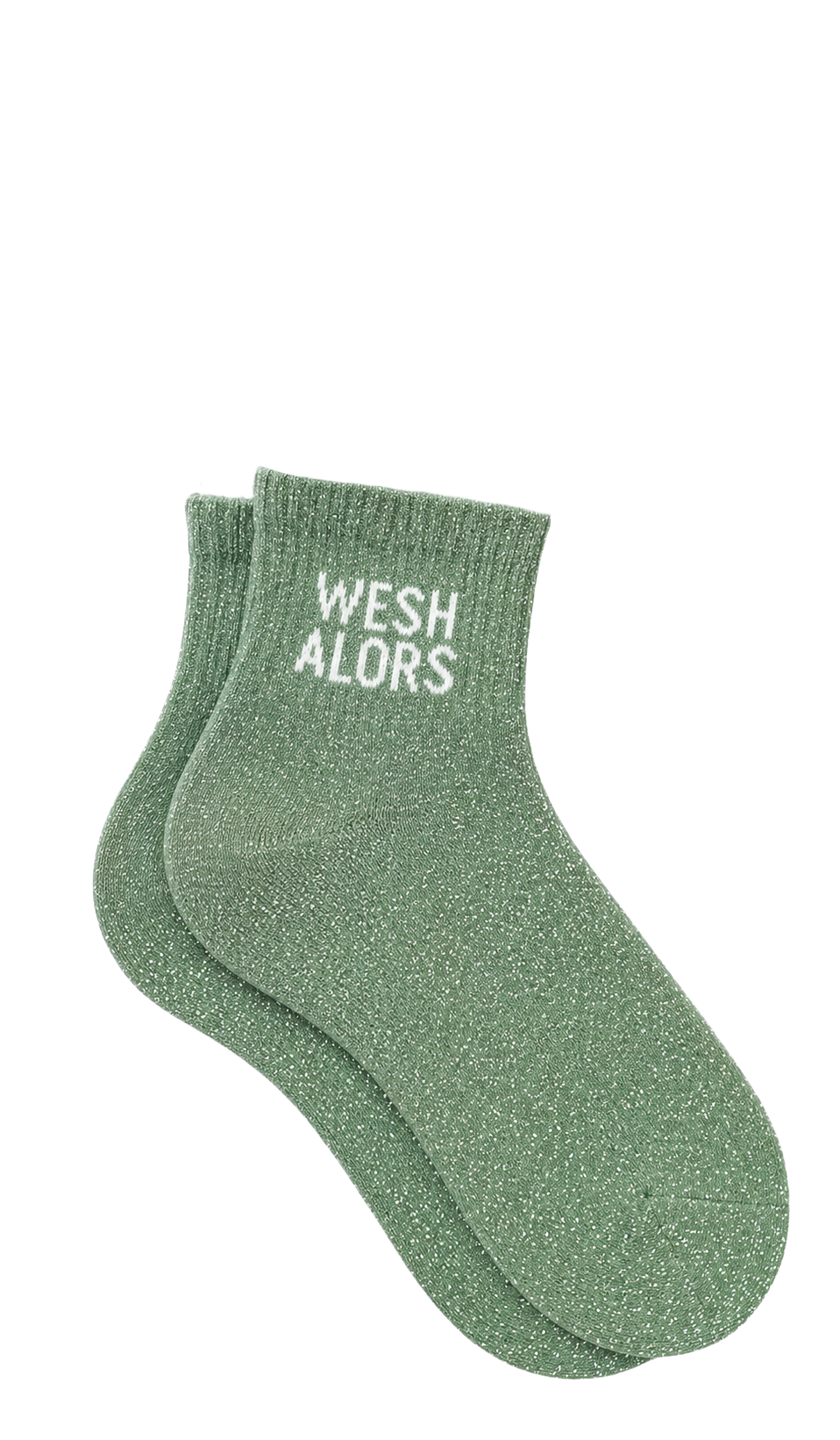Chaussettes courtes à paillettes avec message "Wesh alors" couleur vert amande