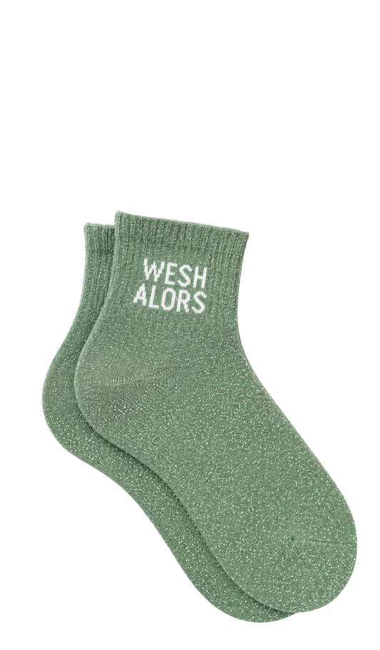 Chaussettes courtes à paillettes avec message "Wesh alors" couleur vert amande